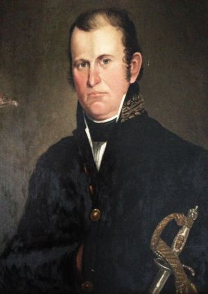 Portrait of Andrew Pickens, Jr., wearing a military-style coat with a high collar. A ceremonial saber is on his left hip.